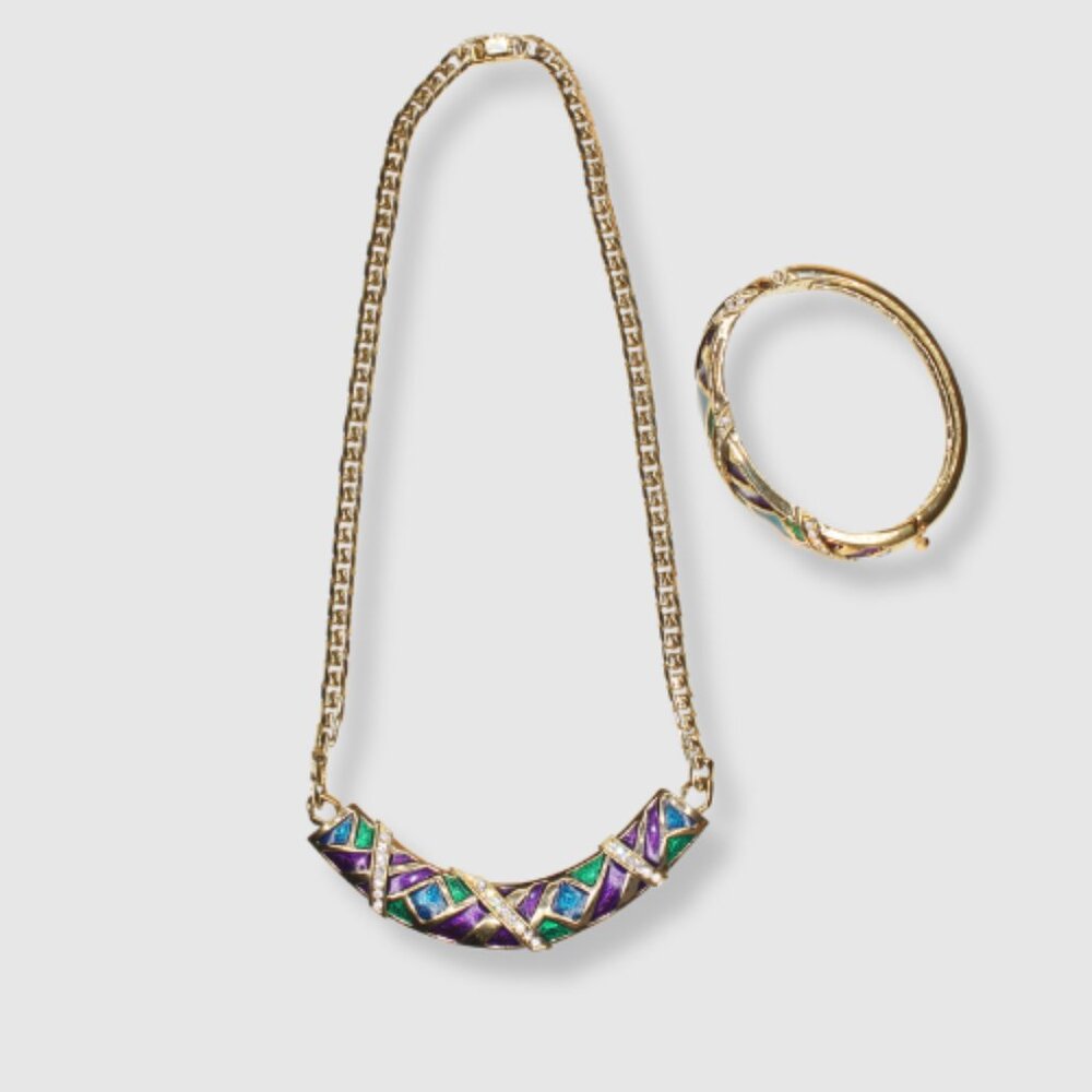 Vintage 1980s Butler Enamel Gold-Tone Pave Bangle Bracelet and Necklace Set